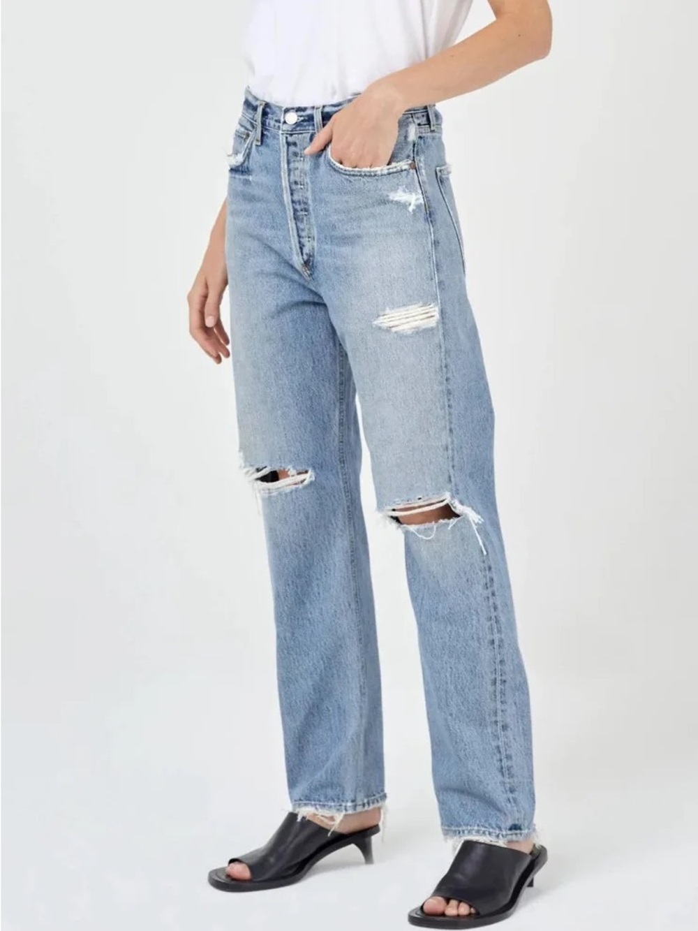 Agolde Light Blue Distressed Straight Leg Jeans